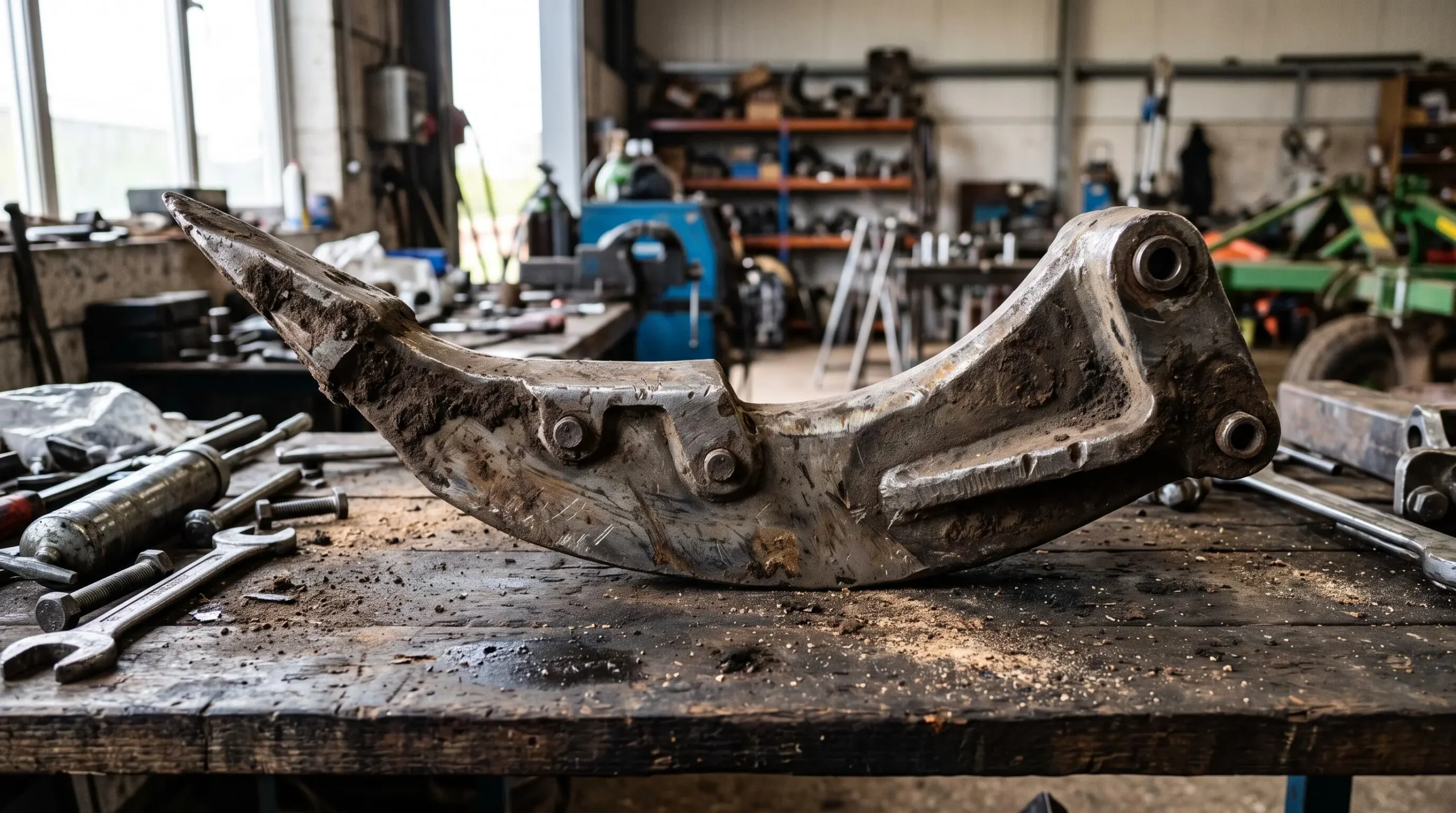 Gros plan sur une dent métallique de décompacteur ou fissurateur, montrant sa forme robuste, ses fixations et les traces d'usage, posée dans un contexte d'atelier agricole