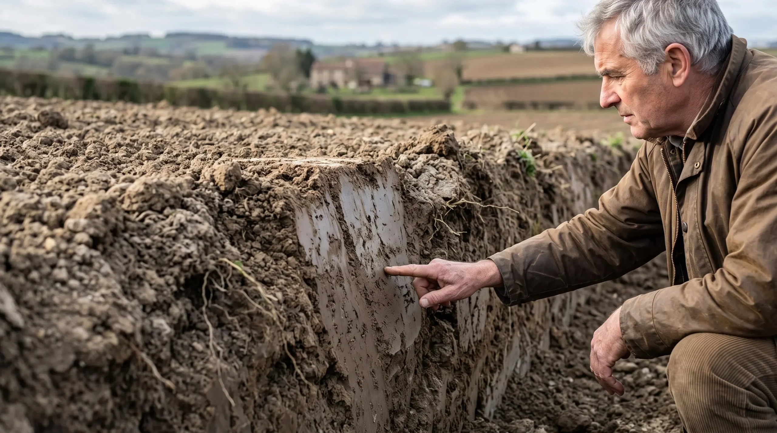 Profil de sol agricole montrant un lissage visible ou un tassement latéral, conséquence d'un décompactage réalisé en conditions humides inadaptées, avec surface compactée et absence de structure grumeleuse