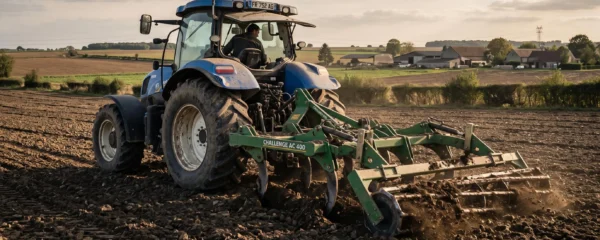Tracteur agricole moderne tractant un décompacteur en opération dans une parcelle de grande culture, avec les dents de l'outil travaillant le sol en profondeur et créant un léger foisonnement visible, contexte paysager agricole français