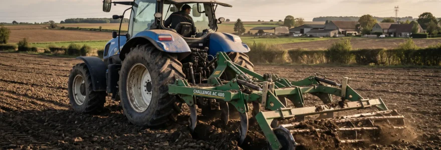 Tracteur agricole moderne tractant un décompacteur en opération dans une parcelle de grande culture, avec les dents de l'outil travaillant le sol en profondeur et créant un léger foisonnement visible, contexte paysager agricole français